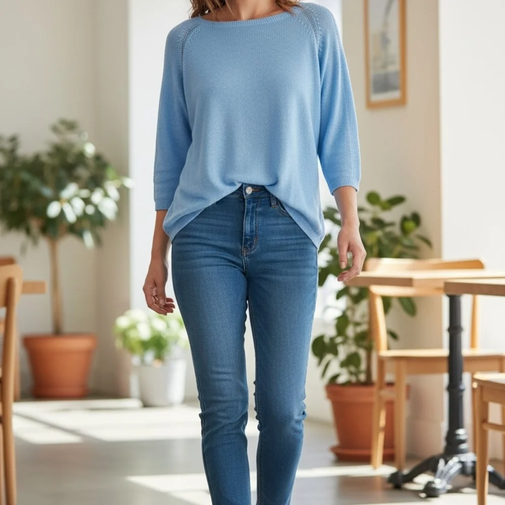 TALBOTS | Light Blue Linen Blend Preppy Breathable‎ Scoop Neck Knit Sweater | L